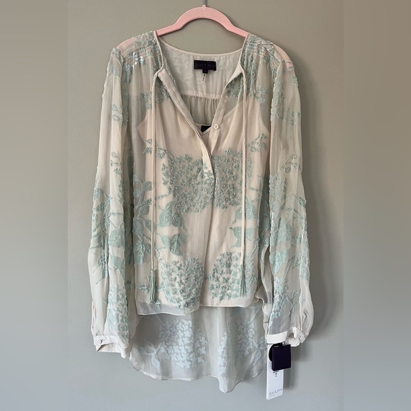 NWT Hale Bob Silk Ivory Mint Green Velvet Beaded Blouse - Picture 1 of 6